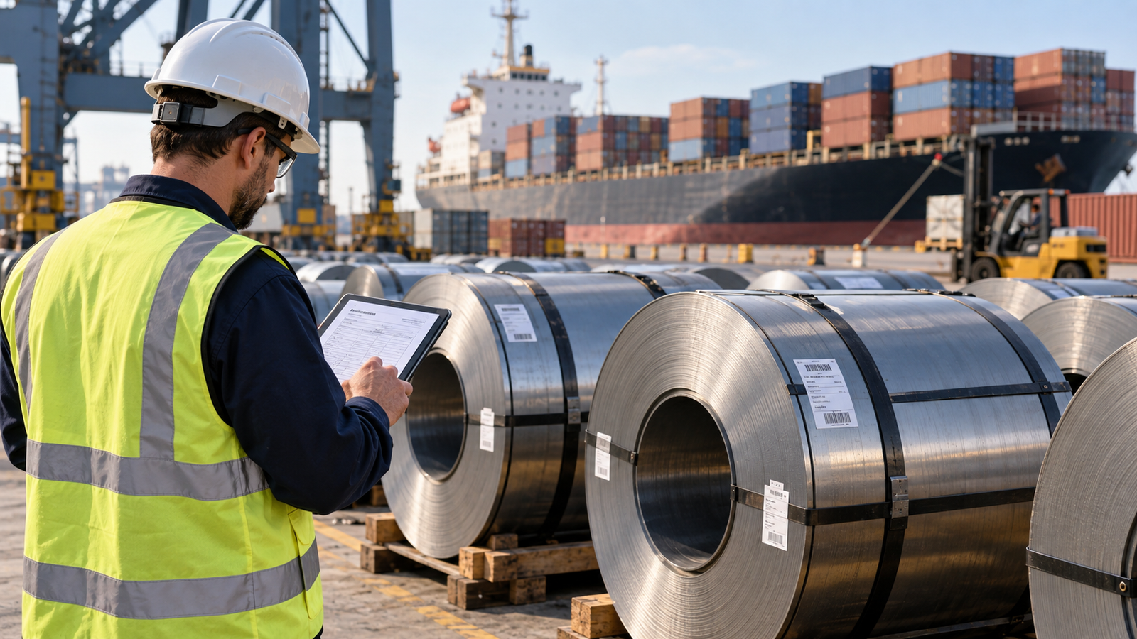 Steel export compliance inspection with steel coils and international shipping documentation